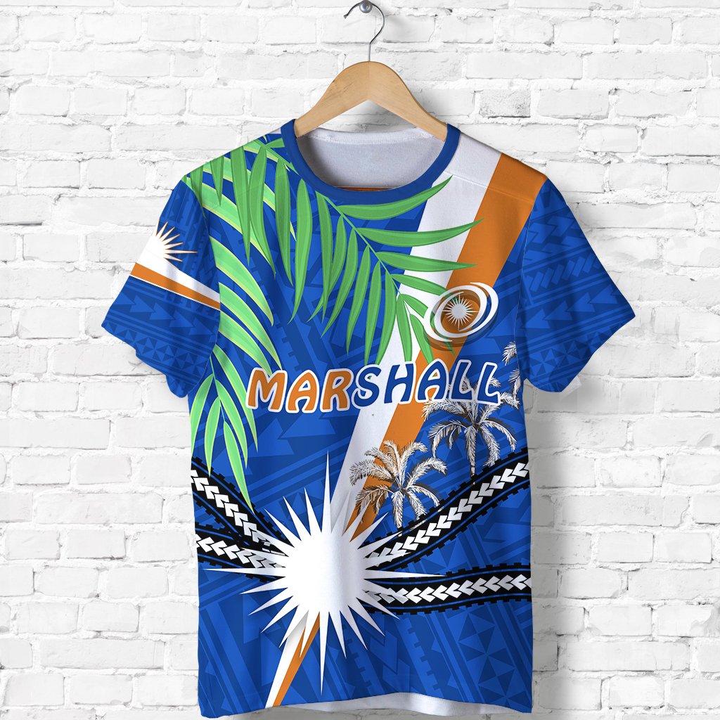 Marshall Islands Rugby T Shirt Coconut Leaves Blue - Polynesian Pride