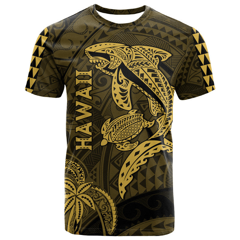 Hawaii T Shirt Shark and Turtle Mix Kakau Gold LT9 Gold - Polynesian Pride