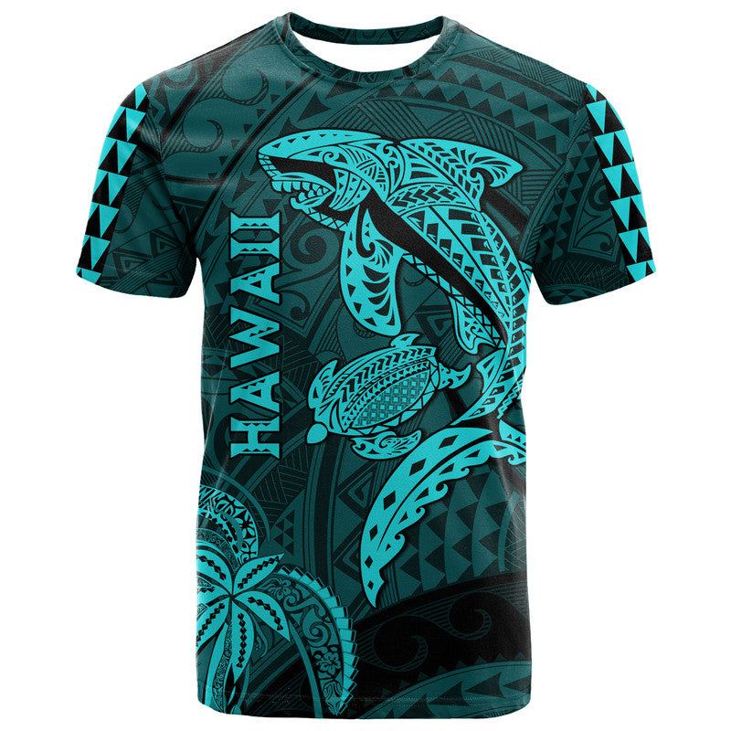 Hawaii T Shirt Shark and Turtle Mix Kakau Turquoise LT9 Turquoise - Polynesian Pride