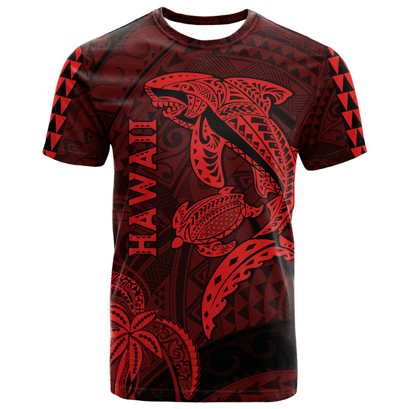 Hawaii T Shirt Shark and Turtle Mix Kakau Red LT9 Red - Polynesian Pride