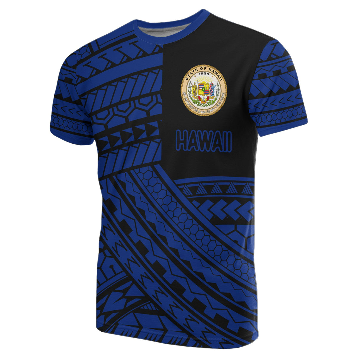 Hawaii Coat of Arms Polynesian T Shirt Blue Quarter Style - Polynesian Pride