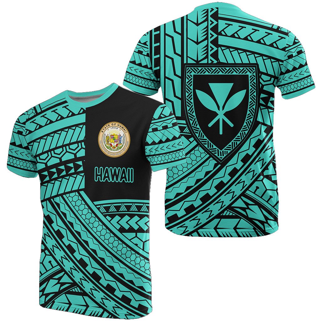 Hawaii Coat of Arms Polynesian T Shirt Turquoise Quarter Style Unisex Turquoise - Polynesian Pride