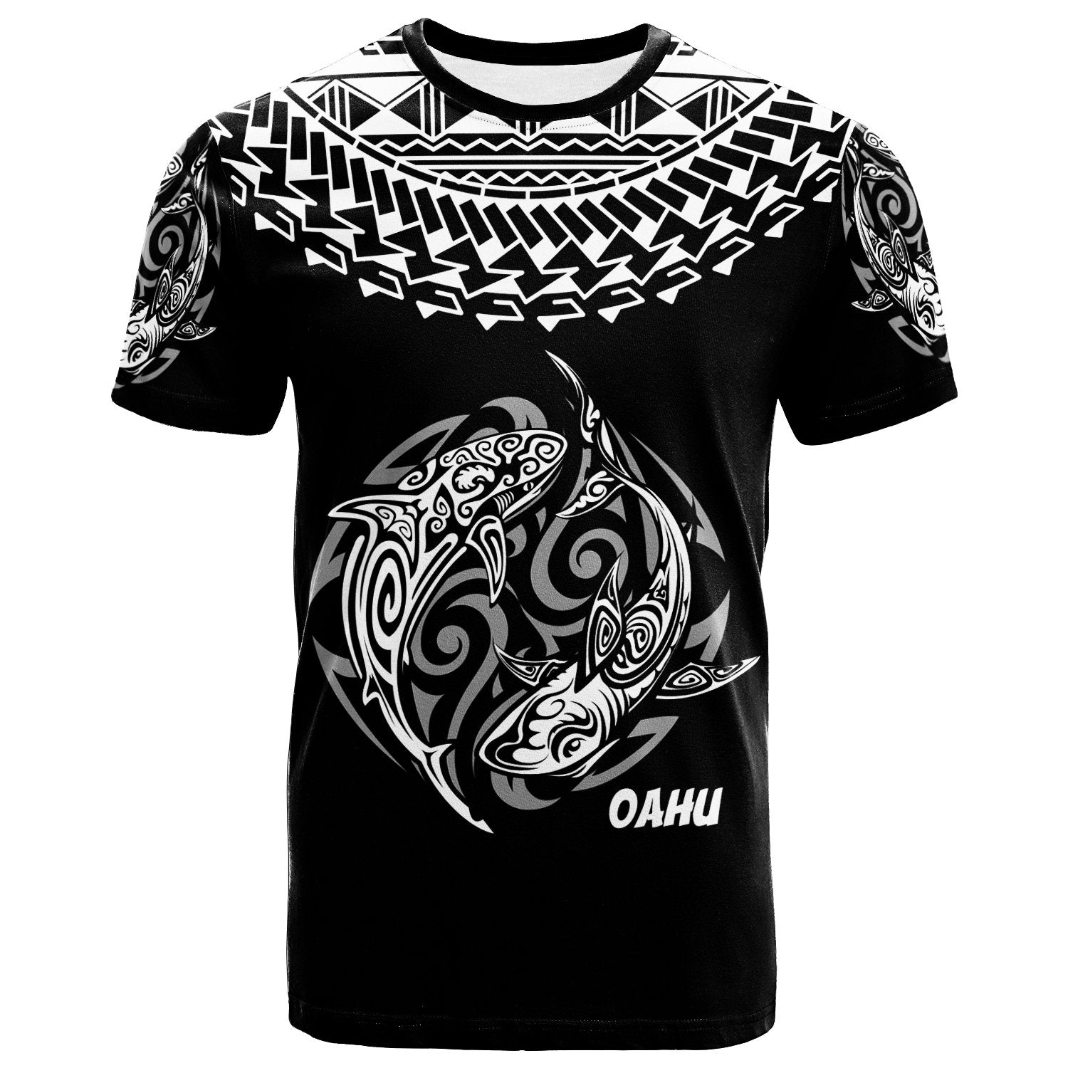 Hawaii T Shirt Oahu Shark Tattoo Black White Color Unisex Black - Polynesian Pride