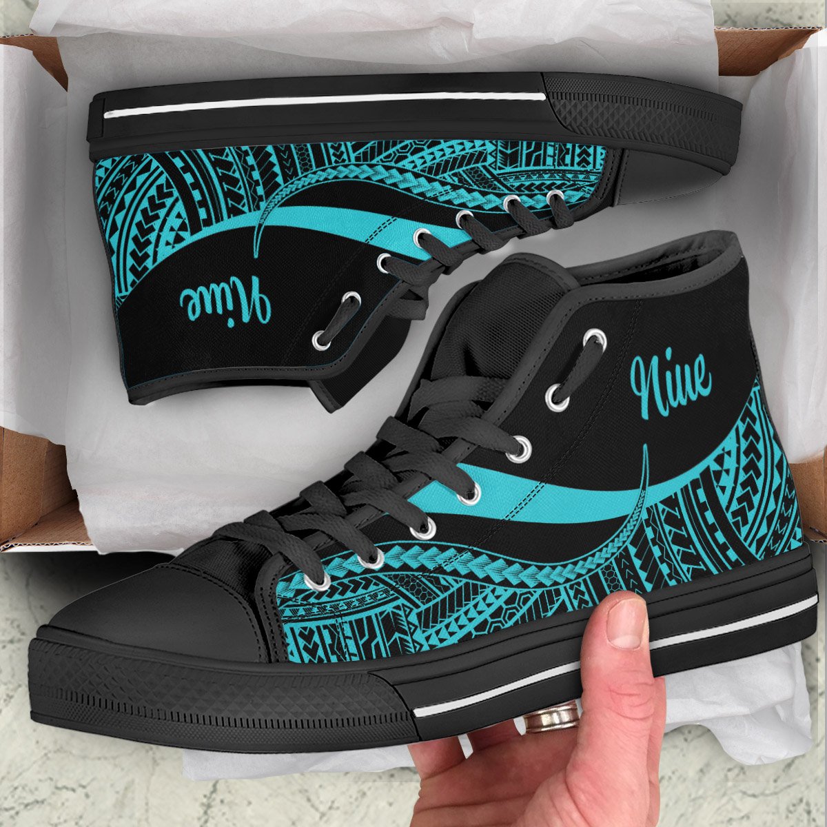 Niue High Top Shoes Turquoise - Polynesian Tentacle Tribal Pattern Unisex Black - Polynesian Pride