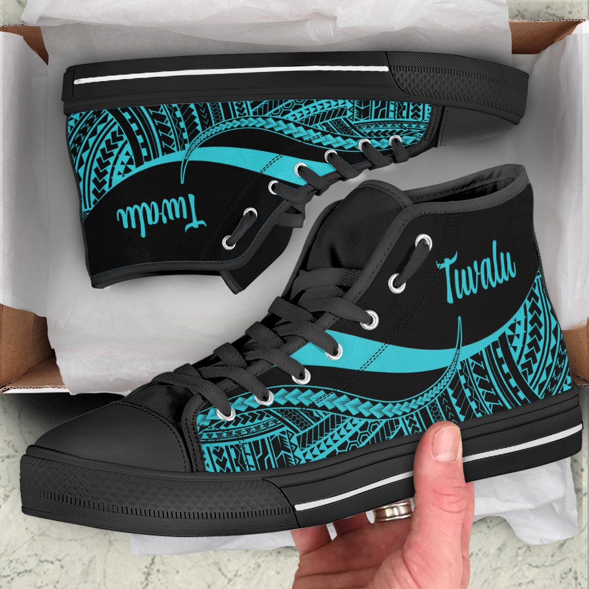 Tuvalu High Top Shoes Turquoise - Polynesian Tentacle Tribal Pattern Unisex Black - Polynesian Pride