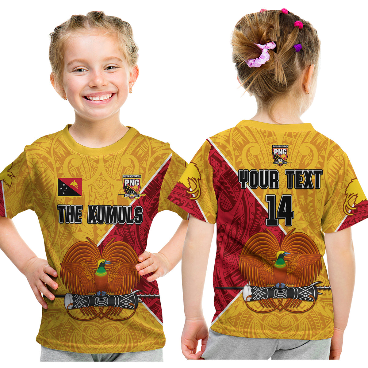 (Custom Text and Number) The Kumuls PNG T Shirt Papua New Guinea Polynesian Dynamic Style LT14 Kid Yellow - Polynesian Pride