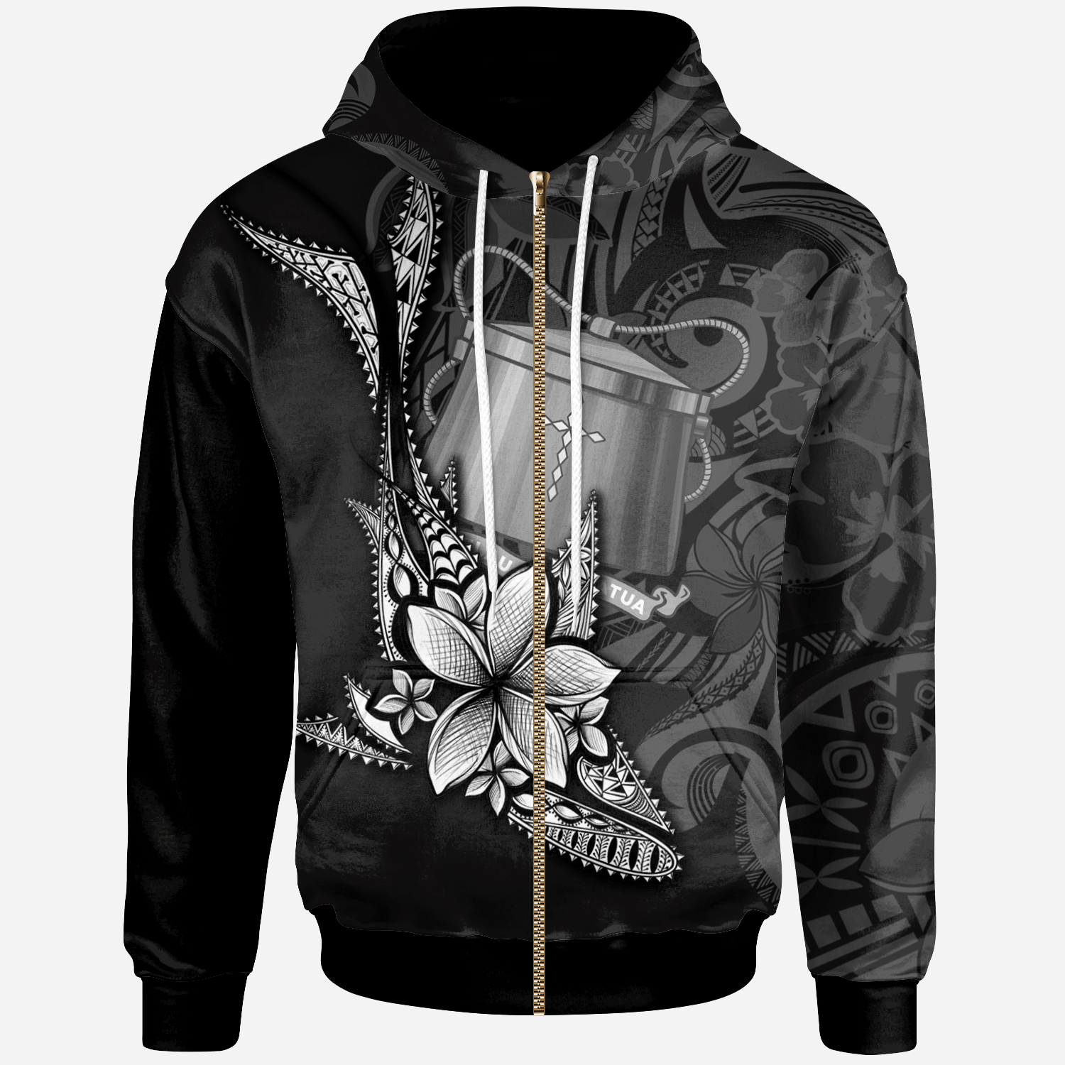 Tokelau Custom Zip Hoodie Fish With Plumeria Flowers Style Black - Polynesian Pride