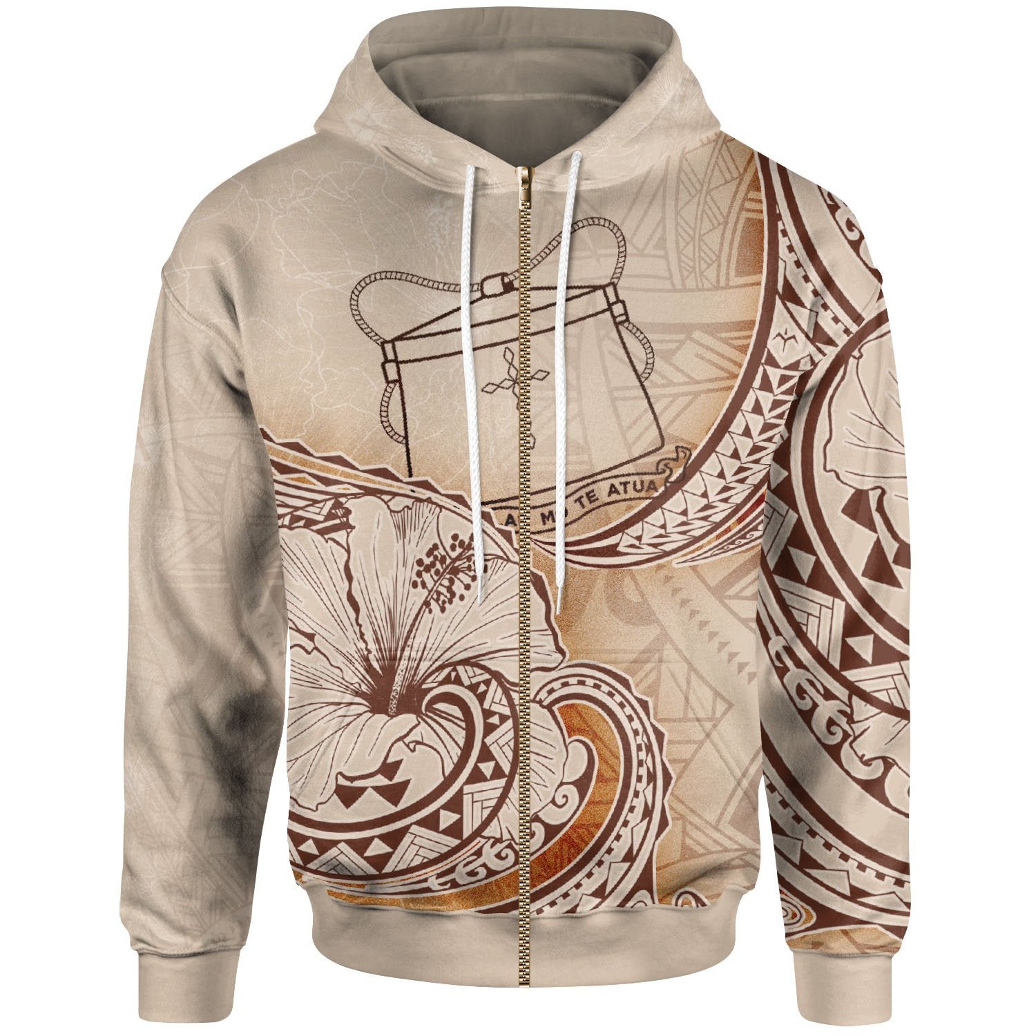 Tokelau Zip Hoodie Hibiscus Flowers Vintage Style Unisex Nude - Polynesian Pride