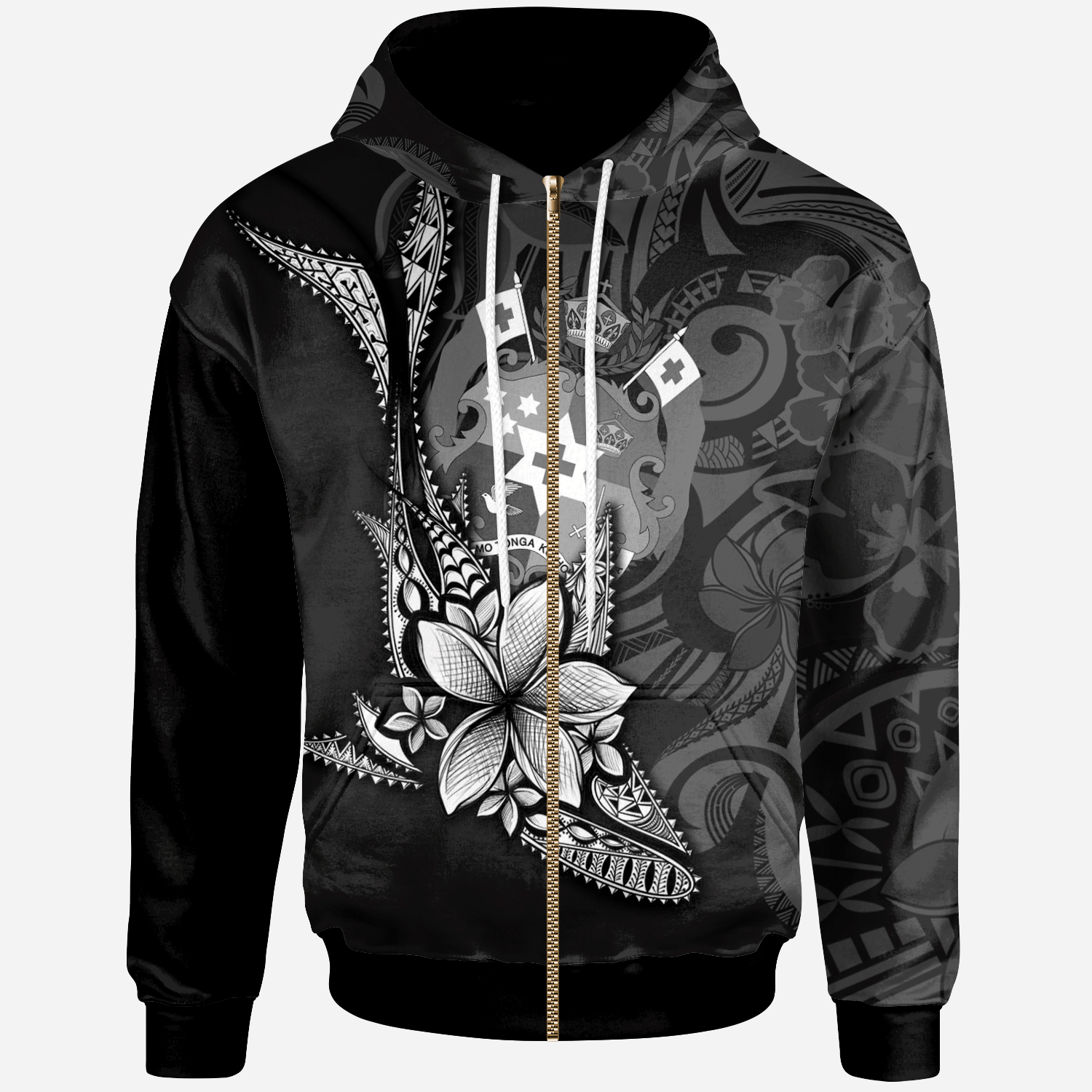 Tonga Zip Hoodie Fish With Plumeria Flowers Style Unisex Black - Polynesian Pride