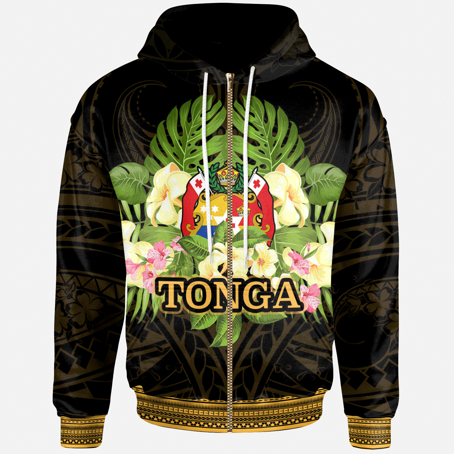 Tonga Zip Hoodie Polynesian Gold Patterns Collection Unisex Black - Polynesian Pride