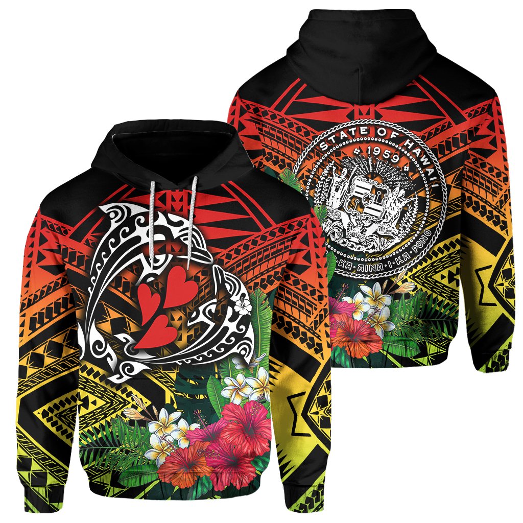 Hawaii Dophin Couple Love Polynesian Flower Hoodie Unisex Black - Polynesian Pride