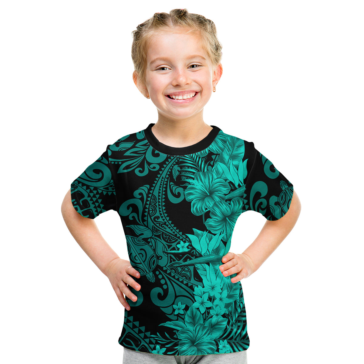 Hawaii Flowers Mix Tribal Pattern T Shirt KID LT6 Turquoise - Polynesian Pride
