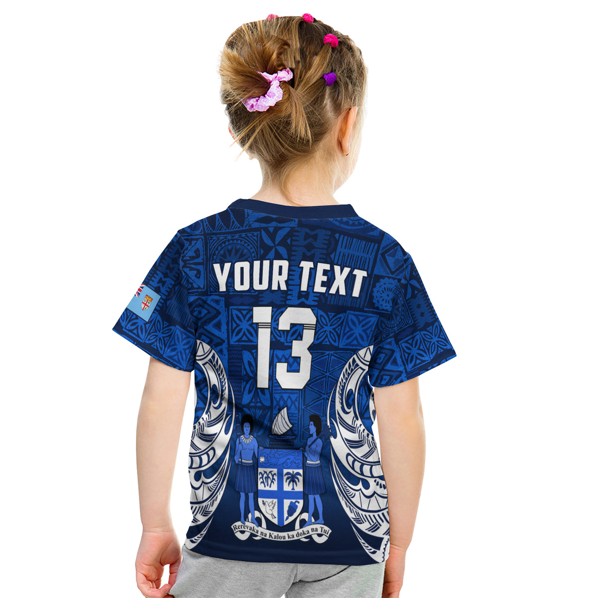 (Custom Text And Number) Fiji Rugby T Shirt Kid Flying Fijians Blue Tapa Pattern LT13 - Polynesian Pride