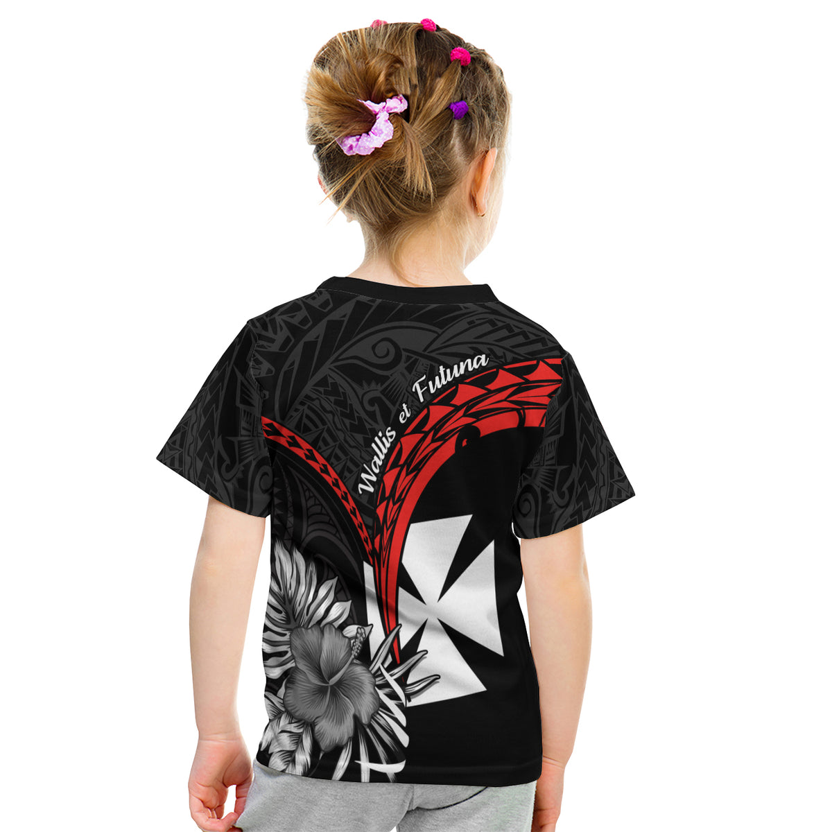 Wallis et Futuna T Shirt KID Polynesian Pattern and Hibiscus Flowers Version Black LT13 - Polynesian Pride