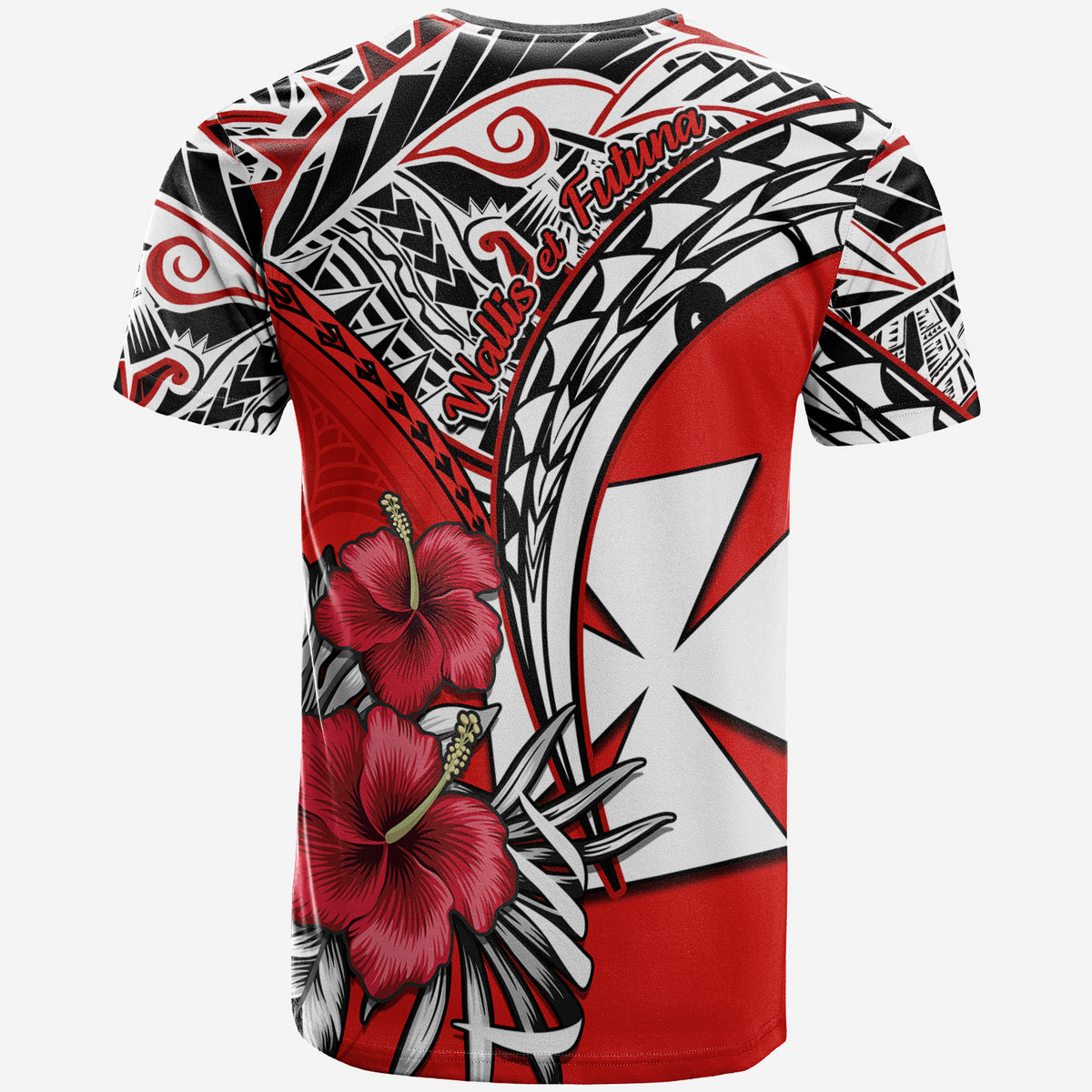 Wallis et Futuna T Shirt Polynesian Pattern and Hibiscus Flowers Version Red LT13 - Polynesian Pride