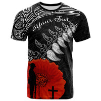 Custom New Zealand Anzac 2022 T Shirt Maori Mix Fern Poppy LT13 Black - Polynesian Pride