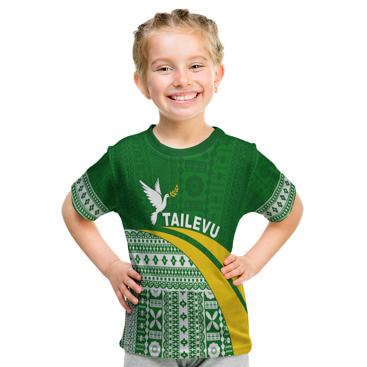 (Custom Text And Number) Tailevu Rugby T Shirt Kid Fiji Rugby Tapa Pattern Green LT13 - Polynesian Pride