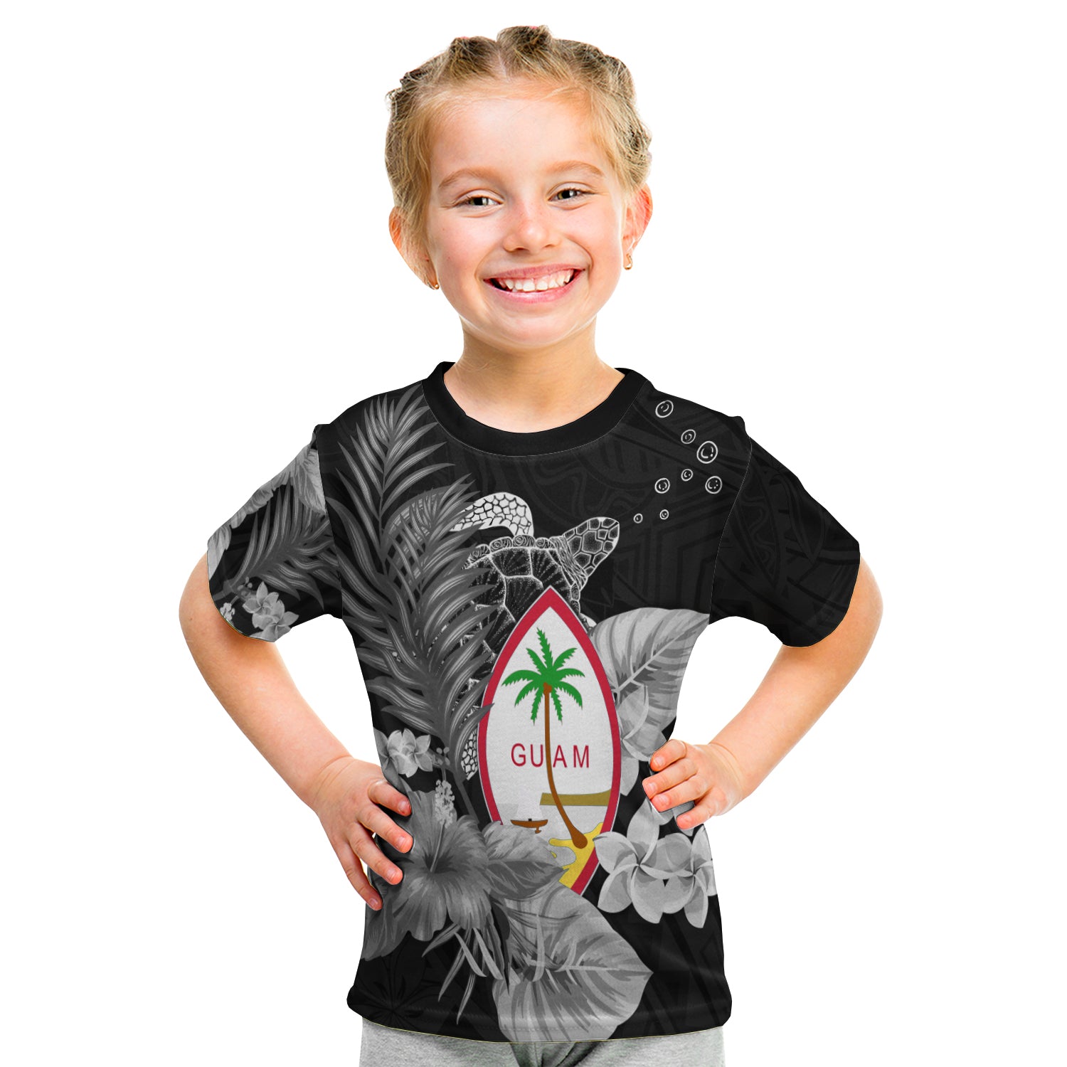 Guam Seal T Shirt Kid Polynesian Turtle With Flowers Version White LT13 - Polynesian Pride