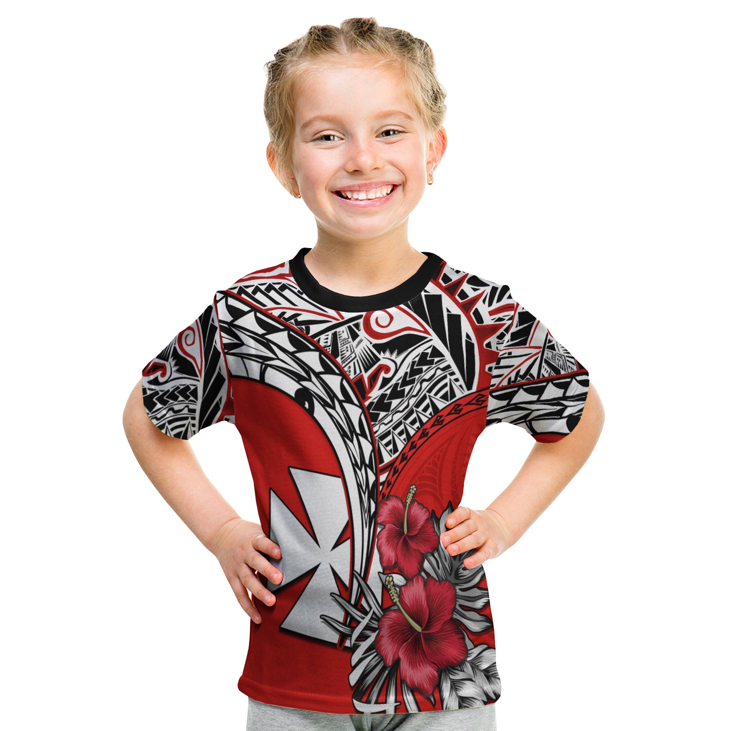 Wallis et Futuna T Shirt KID Polynesian Pattern and Hibiscus Flowers Version Red LT13 Red - Polynesian Pride
