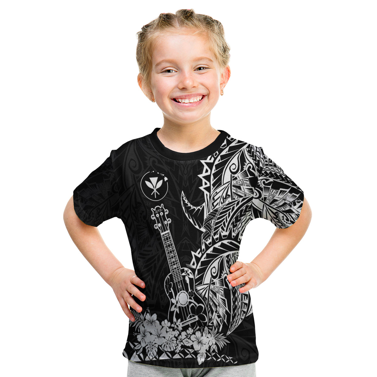 (Custom Personalised) Hawaii Polynesian T Shirt Kid White Ukulele LT13 - Polynesian Pride