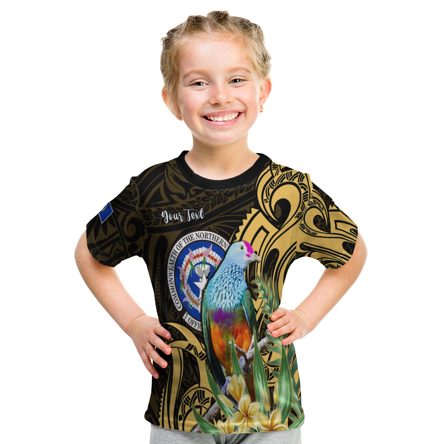 (Custom Personalised) Northern Mariana Islands T Shirt KID Mariana Fruit Dove Mix Frangipani Flowers Gold LT13 - Polynesian Pride