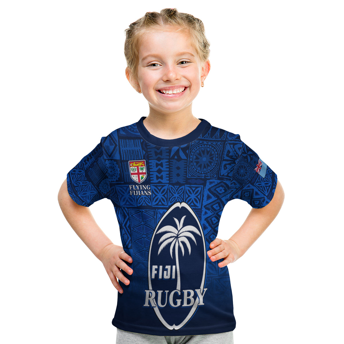 Fiji Rugby T Shirt Kid Flying Fijians Blue Tapa Pattern LT13 - Polynesian Pride