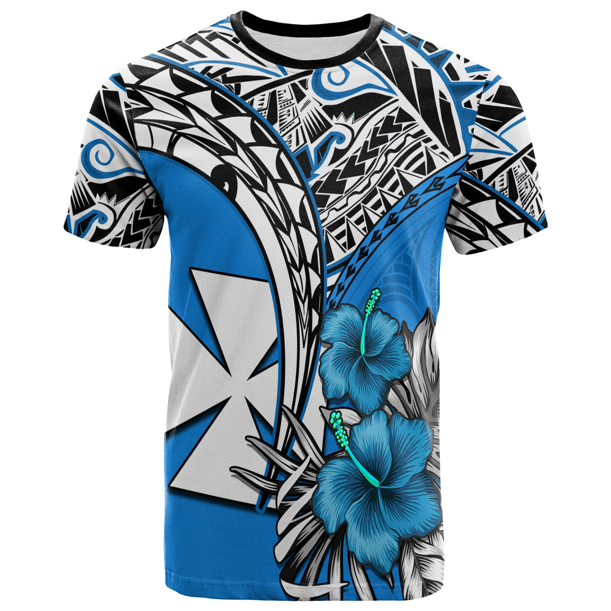 Wallis et Futuna T Shirt Polynesian Pattern and Hibiscus Flowers Version Blue LT13 Unisex Blue - Polynesian Pride