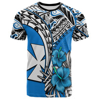 Wallis et Futuna T Shirt Polynesian Pattern and Hibiscus Flowers Version Blue LT13 Unisex Blue - Polynesian Pride