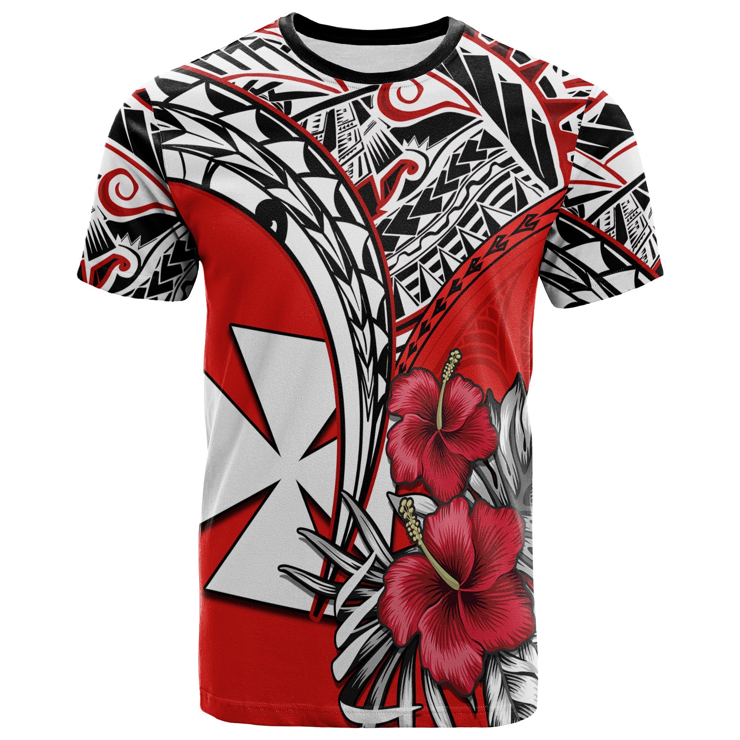 Wallis et Futuna T Shirt Polynesian Pattern and Hibiscus Flowers Version Red LT13 Unisex Red - Polynesian Pride