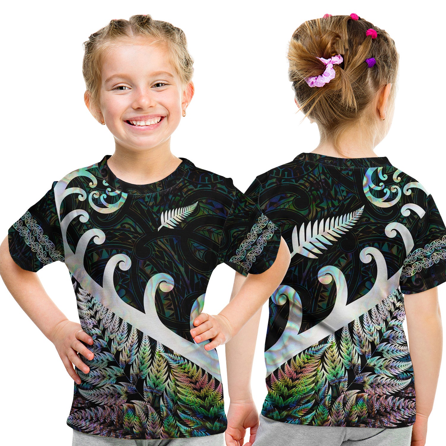 New Zealand Rugby Maori T Shirt Kid Silver Fern Koru Vibes - Paua Shell LT8 - Polynesian Pride