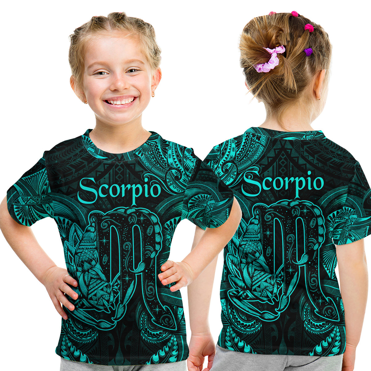 Scorpio Zodiac Polynesian T Shirt Kid Unique Style - Turquoise LT8 - Polynesian Pride