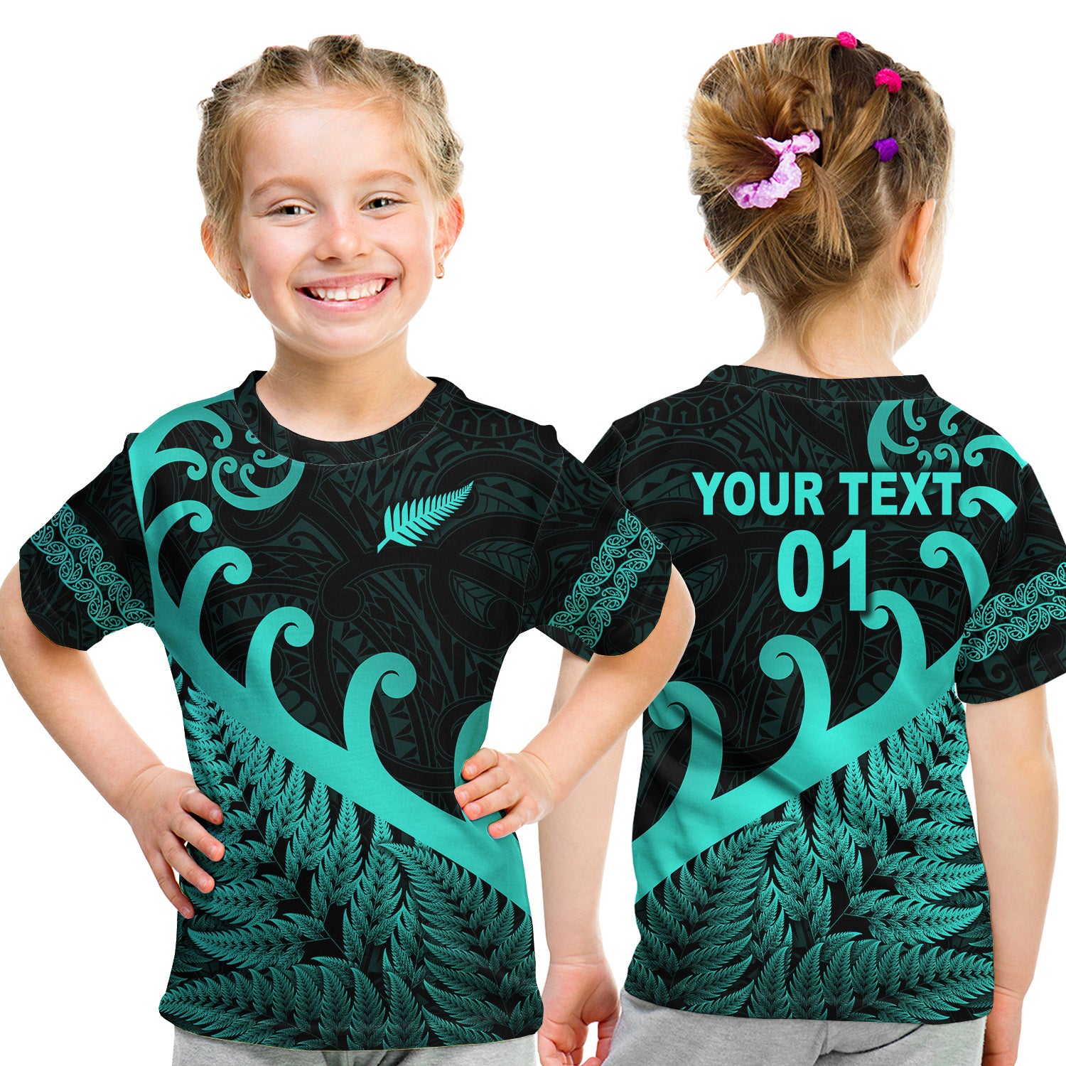 (Custom Personalised) New Zealand Rugby Maori T Shirt Kid Silver Fern Koru Vibes - Turquoise LT8 - Polynesian Pride