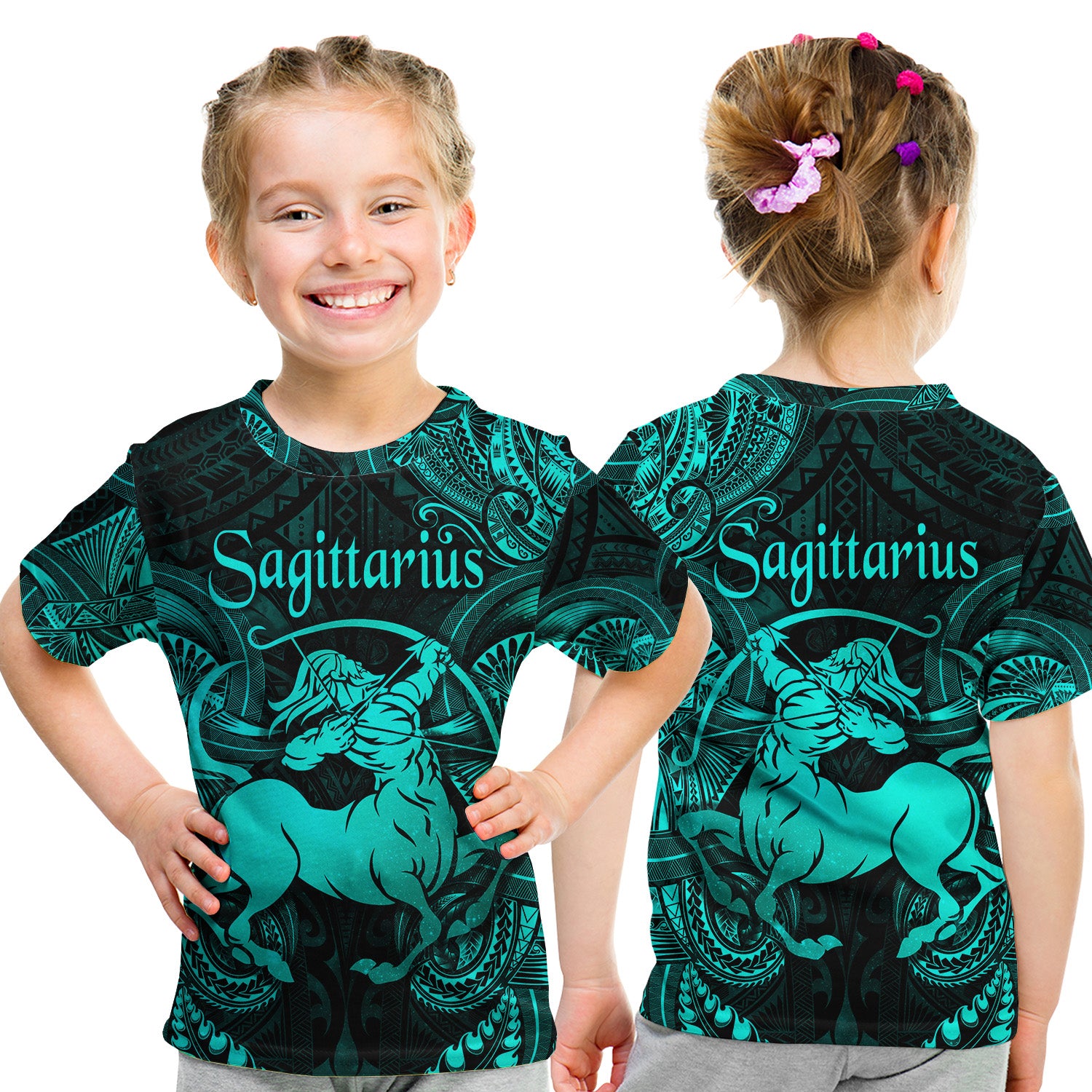 Sagittarius Zodiac Polynesian T Shirt Kid Unique Style - Turquoise LT8 - Polynesian Pride