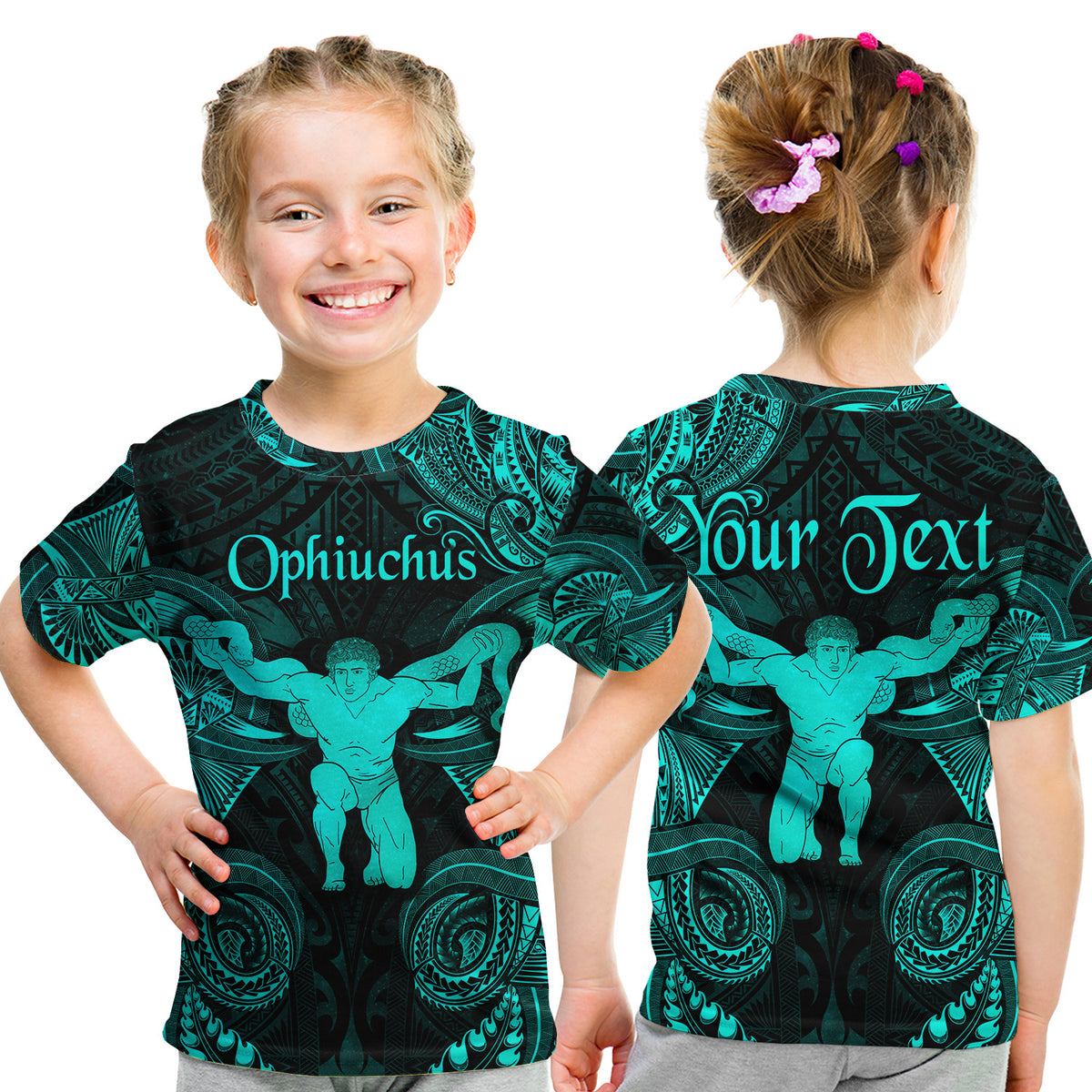(Custom Personalised) Ophiuchus Zodiac Polynesian T Shirt Kid Unique Style - Turquoise LT8 - Polynesian Pride