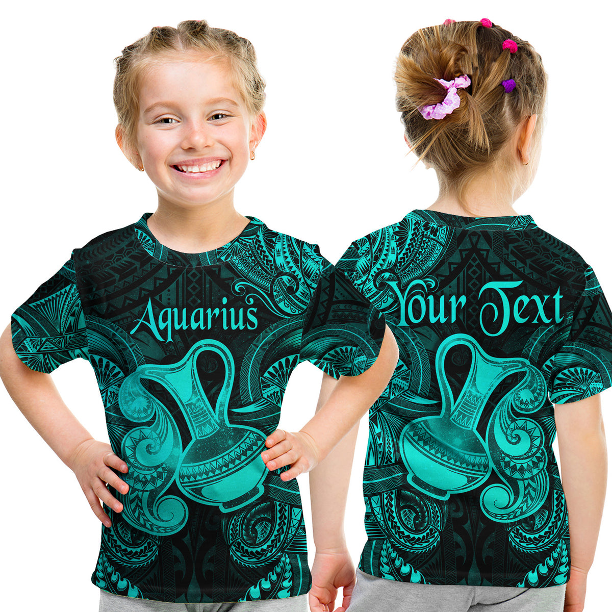 (Custom Personalised) Aquarius Zodiac Polynesian T Shirt Kid Unique Style - Turquoise LT8 - Polynesian Pride