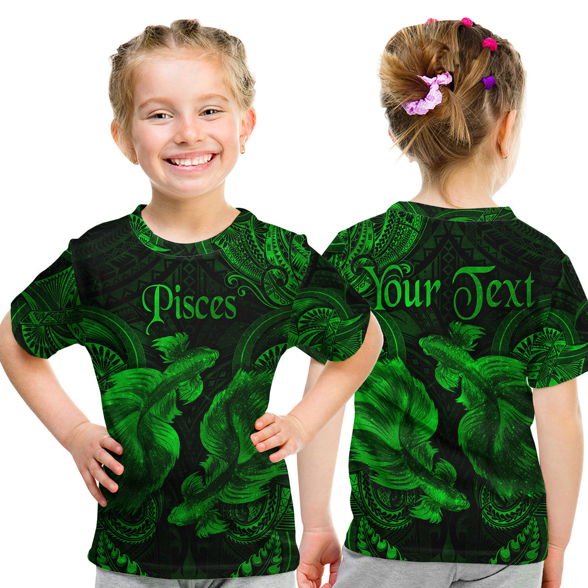(Custom Personalised) Pisces Zodiac Polynesian T Shirt Kid Unique Style - Green LT8 - Polynesian Pride