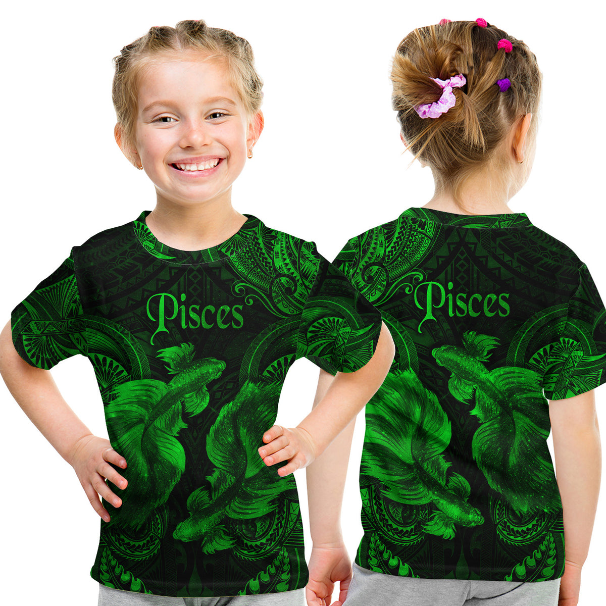 Pisces Zodiac Polynesian T Shirt Kid Unique Style - Green LT8 - Polynesian Pride