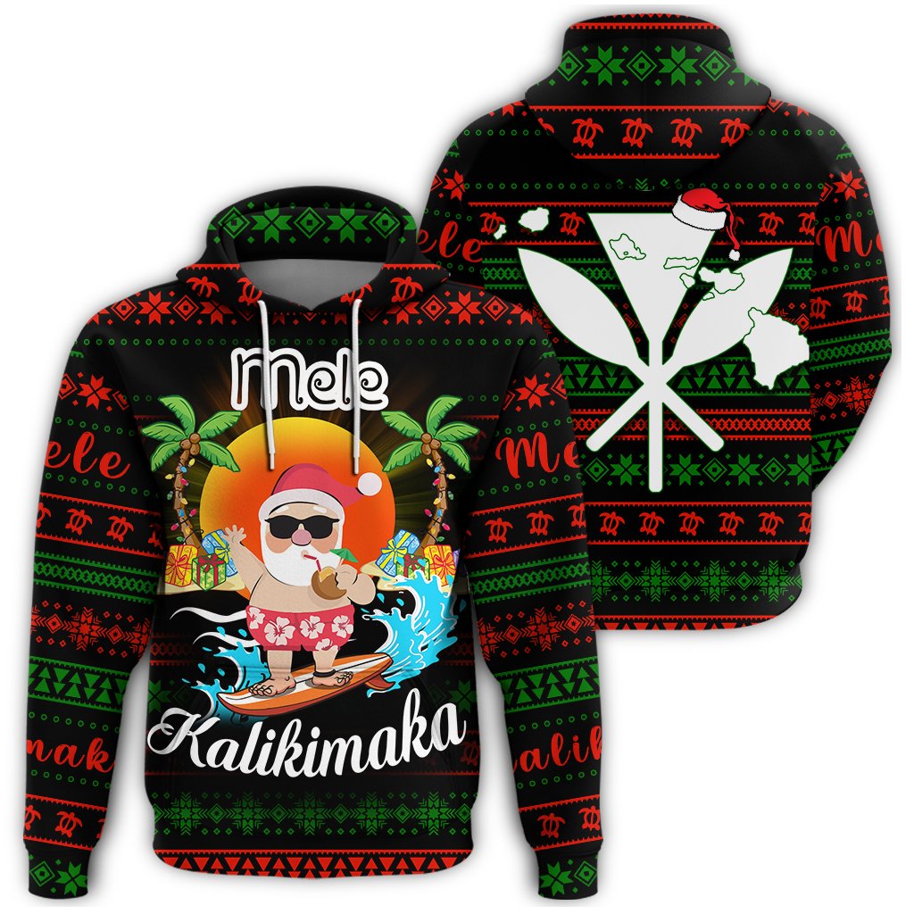 Hawaii Santa Claus Surf Christmas Pattern Hoodie Tan Style Unisex Black - Polynesian Pride