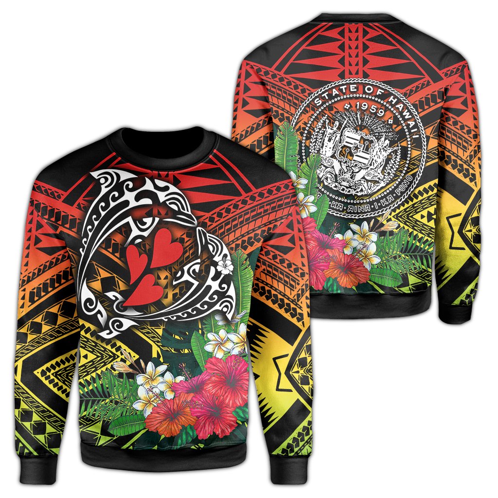 Hawaii Dophin Couple Love Polynesian Flower Sweatshirt - AH Unisex Art - Polynesian Pride