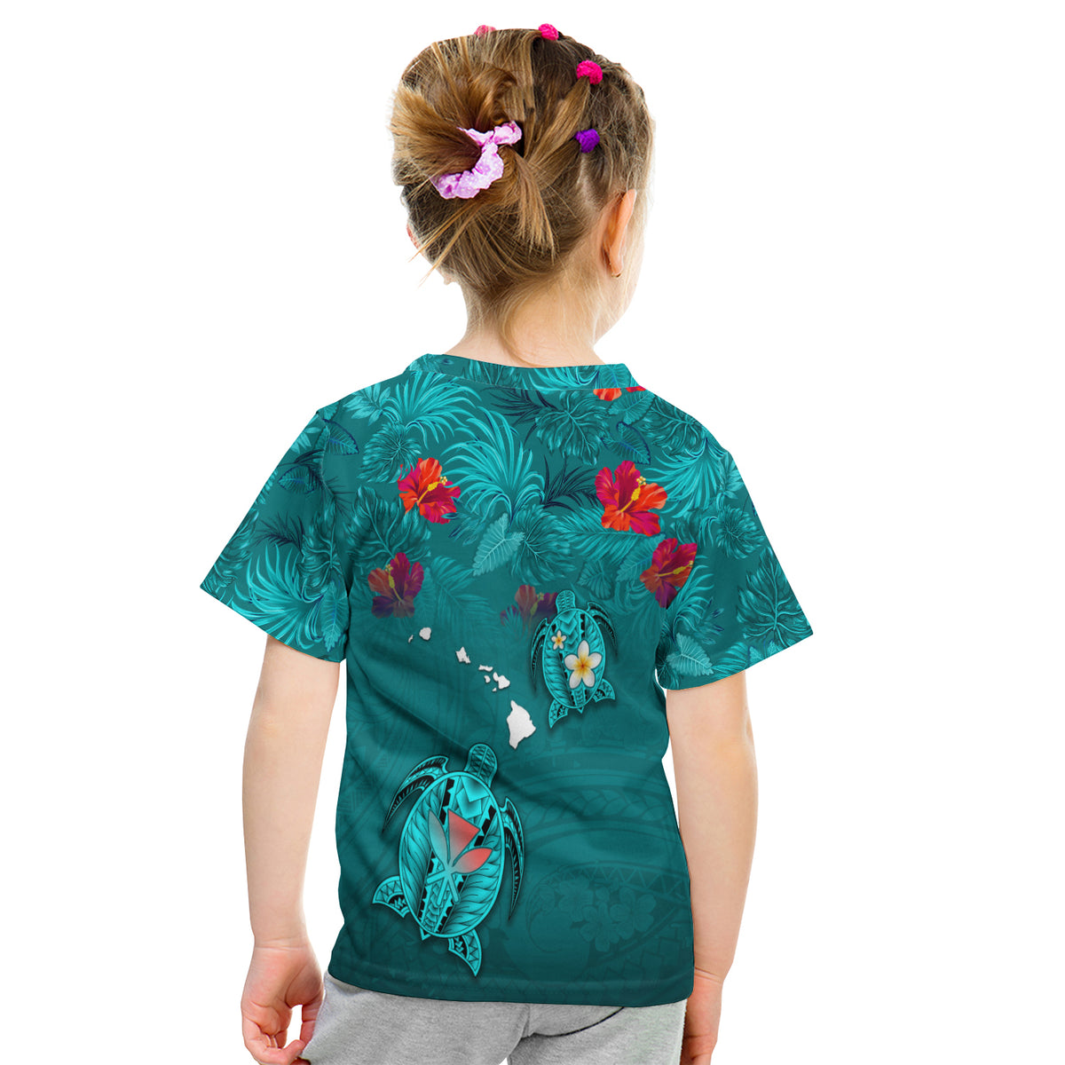 Hawaiian Islands T Shirt Kid - Hawaii Tropical Flowers And Turtles Turquoise LT13 - Polynesian Pride