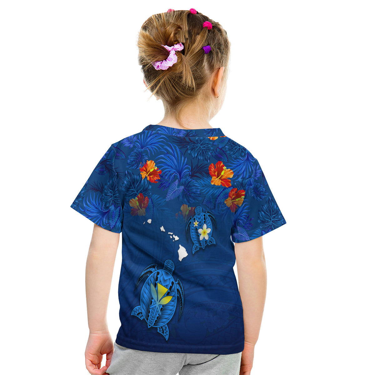 Hawaiian Islands T Shirt Kid - Hawaii Tropical Flowers And Turtles Blue LT13 - Polynesian Pride