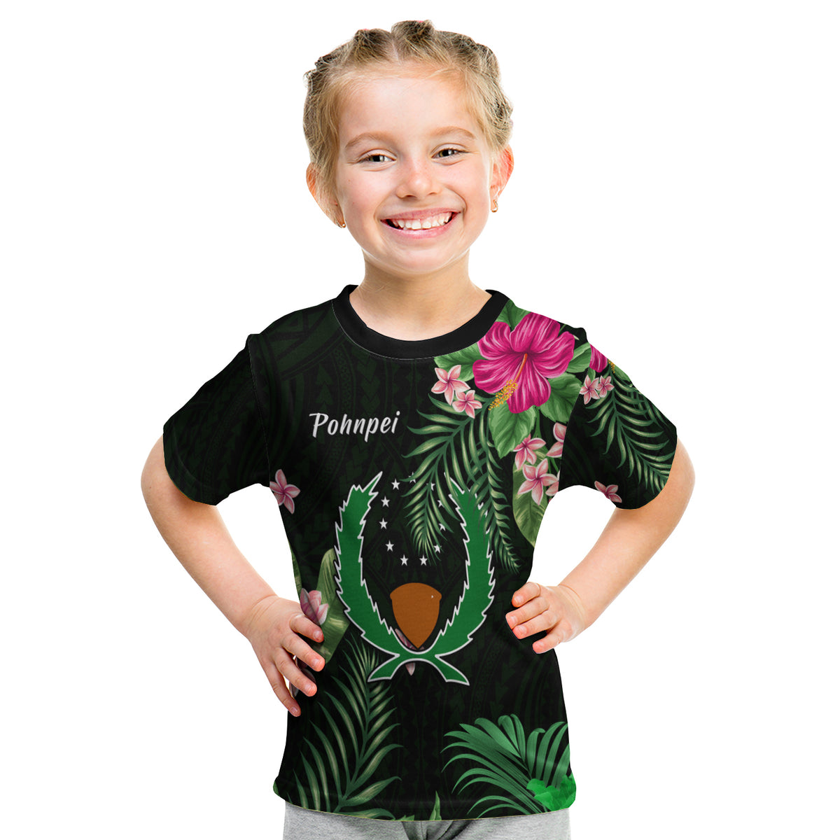 Pohnpei Micronesia Green T Shirt Kid Tropical Flowers LT13 - Polynesian Pride