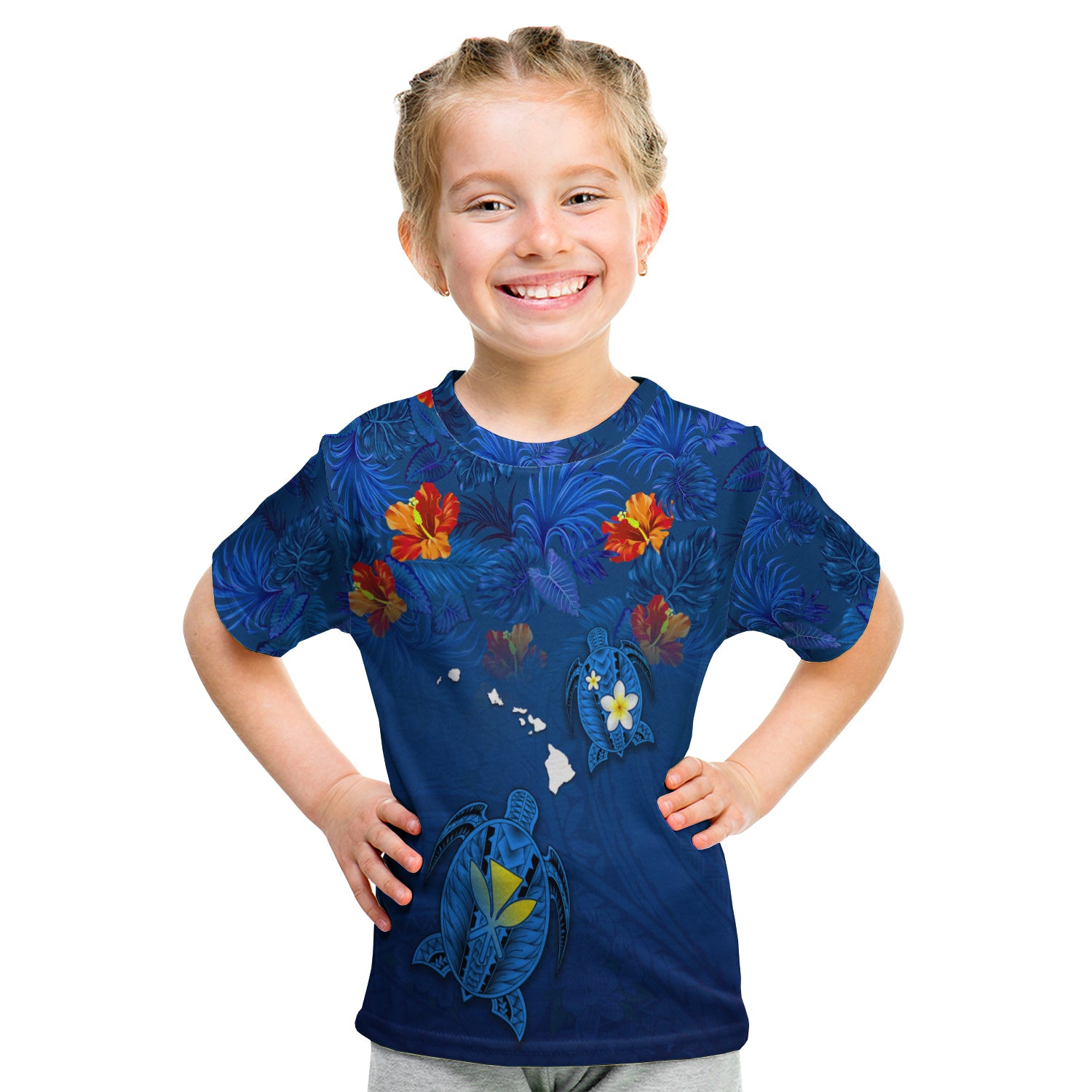 Hawaiian Islands T Shirt Kid - Hawaii Tropical Flowers And Turtles Blue LT13 - Polynesian Pride