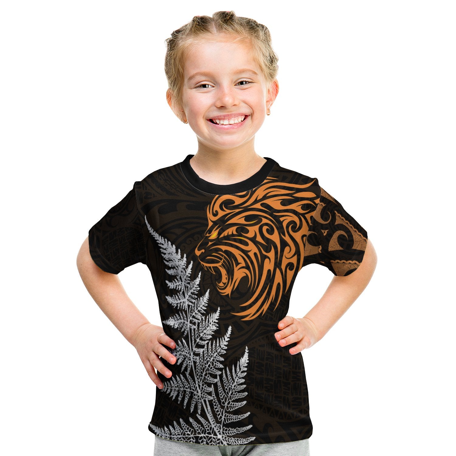 Leo Zodiac Style Maori T Shirt Kid Orange Lion LT13 - Polynesian Pride