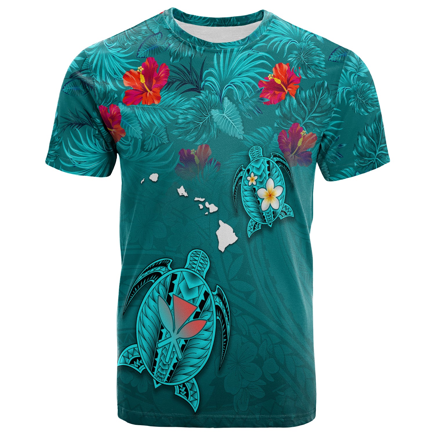 Hawaiian Islands T Shirt Hawaii Tropical Flowers and Turtles Turquoise LT13 Unisex Turquoise - Polynesian Pride