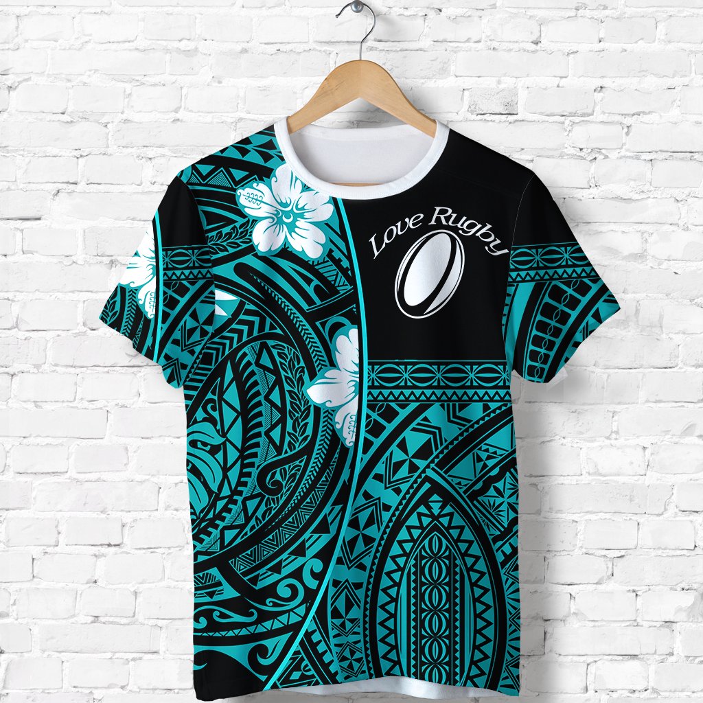 Custom Polynesian Rugby T Shirt Love Turquoise Custom Text and Number - Polynesian Pride