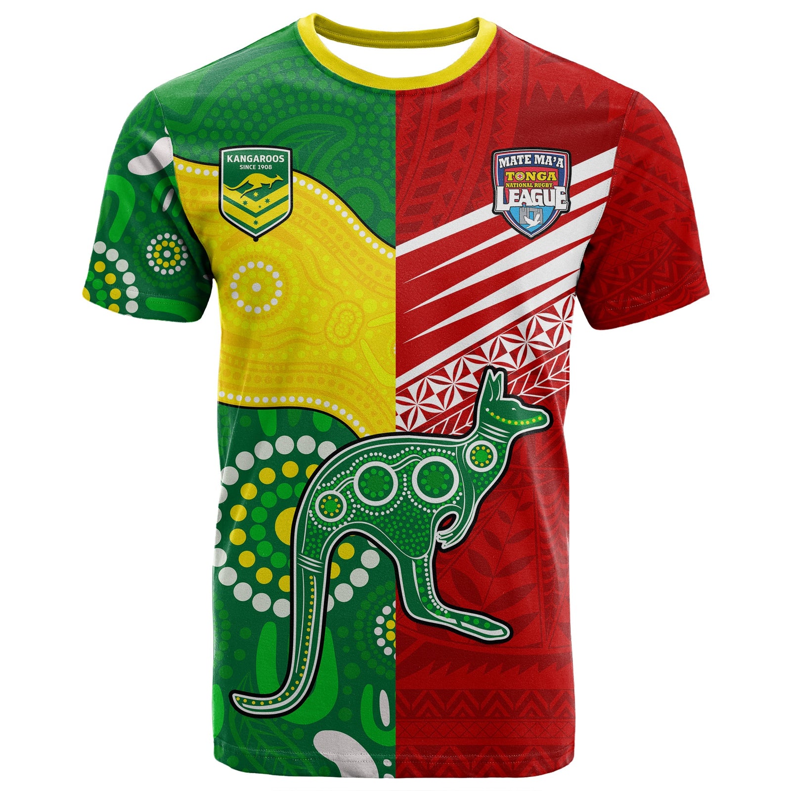 Australia Kangaroos and Mate Maa Tonga T Shirt No2 LT9 Green - Polynesian Pride