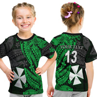 (Custom Text And Number) Wallis And Futuna T Shirt Kid Enjoy Polynesian Flowers Version Green LT13 - Polynesian Pride