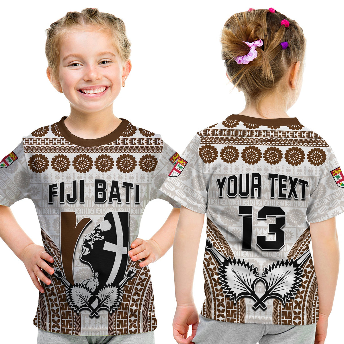 Custom Text and Number Fiji Rugby Bati T Shirt KID Proud Tapa Pattern LT13 - Polynesian Pride