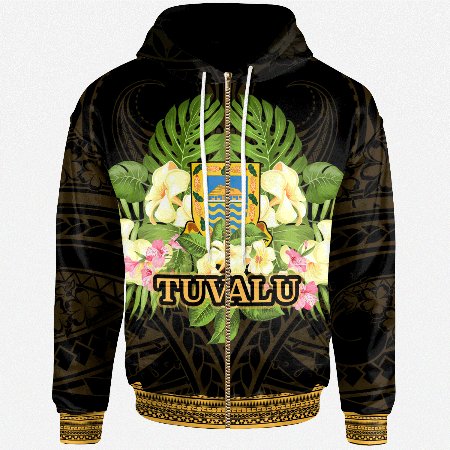 Tuvalu Zip Hoodie Polynesian Gold Patterns Collection Unisex Black - Polynesian Pride